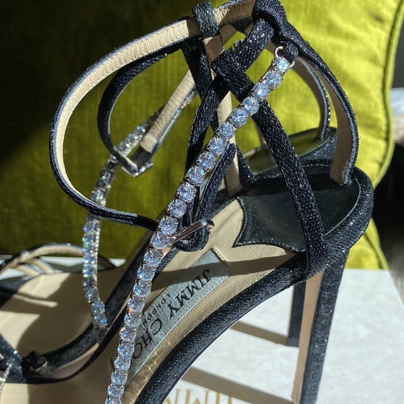 ✨JIMMY CHOO Thaia 100 Strappy High-Heel Crystal Sandals Black Size 39.5 ✨ - Picture 13 of 14